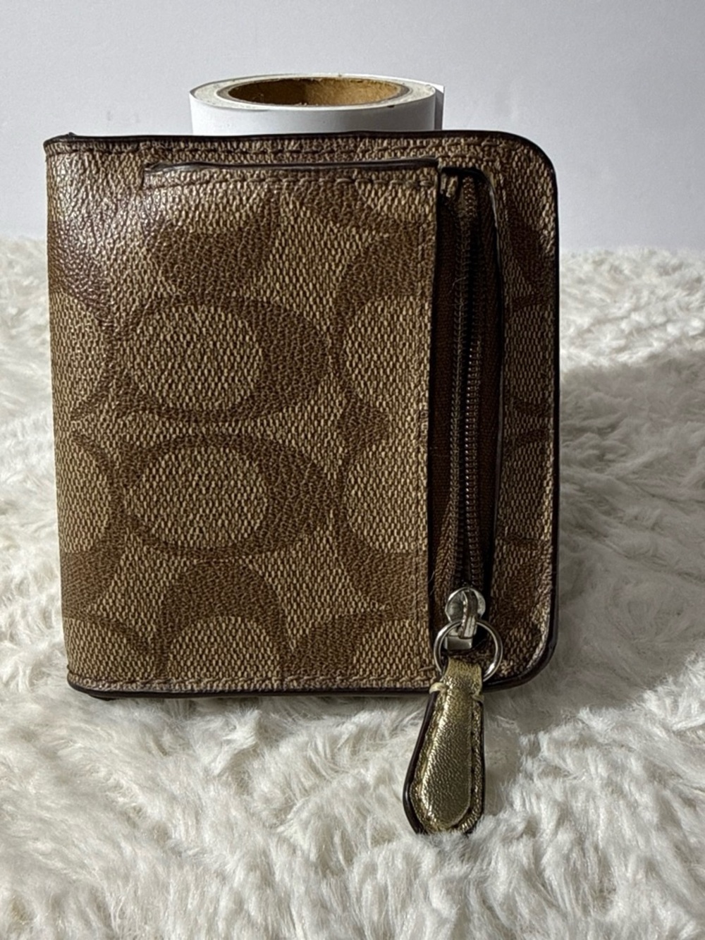 Coach Signature Brown & Gold Compact Bifold Wallet ID Window